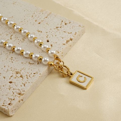 Stainless Steel 18K Gold Plated Elegant French Style Pearl Plating Inlay Letter Shell Pendant Necklace