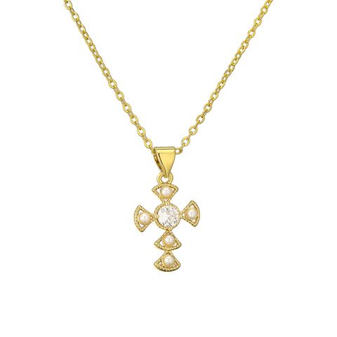 Casual Simple Style Cross Copper Gold Plated Pearl Zircon Pendant Necklace In Bulk