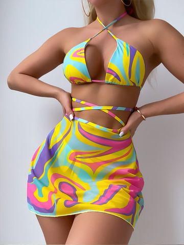 Women's Sexy Color Block Printing 3 Piece Set Bikinis