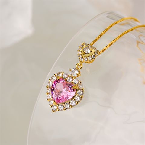 Ig Style Sweet Heart Shape Copper Plating Inlay Zircon Gold Plated Pendant Necklace