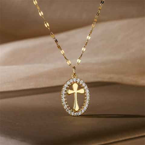 Casual Simple Style Cross Tree Stainless Steel Copper Plating Hollow Out Inlay Zircon Gold Plated Pendant Necklace