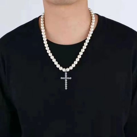 Casual Simple Style Cross Imitation Pearl Alloy Beaded Plating Inlay Rhinestones Men's Pendant Necklace Long Necklace