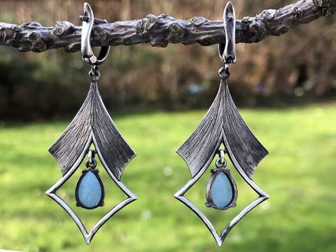 Retro Bohemian Water Droplets Rhombus Alloy Plating Hollow Out Inlay Moonstone Women's Drop Earrings