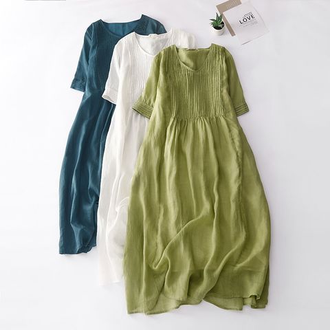 Simple Style Solid Color Maxi Dresses Cotton And Linen Pocket Pleated Regular Dress Maxi Long Dress Dresses