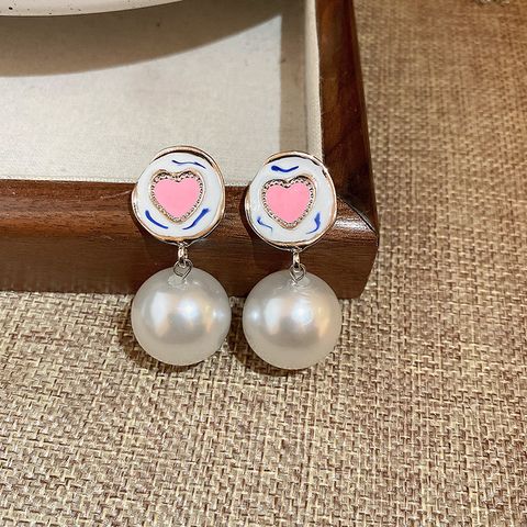 Fashion Heart Shape Flower Alloy Inlay Rhinestones Pearl Women's Ear Studs