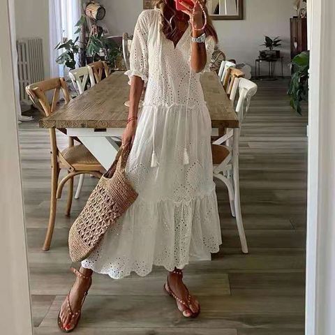 Women's Regular Dress Simple Style V Neck Lace Short Sleeve Solid Color Maxi Long Dress Daily