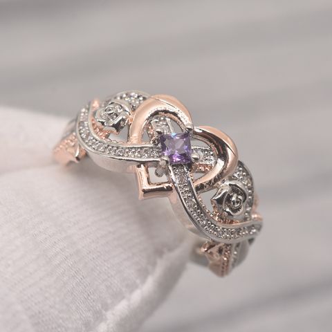 Romantic Heart Shape Metal Inlay Zircon Women's Rings