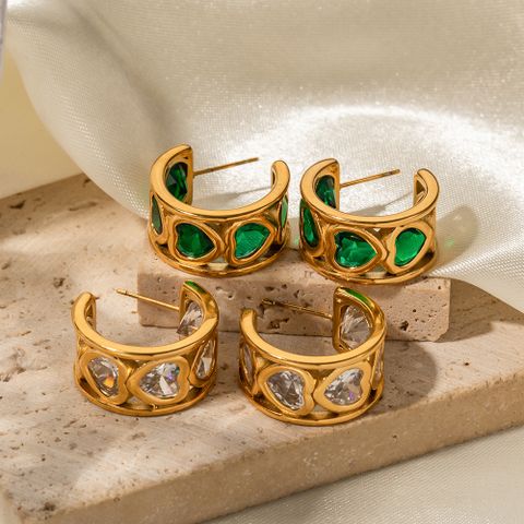 1 Pair Ig Style C Shape Heart Shape Plating Inlay Stainless Steel Zircon 18k Gold Plated Ear Studs