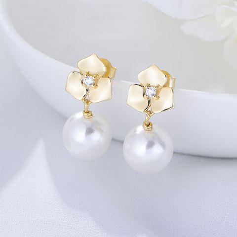 1 Pair Elegant Flower Inlay Imitation Pearl Sterling Silver Zircon Drop Earrings