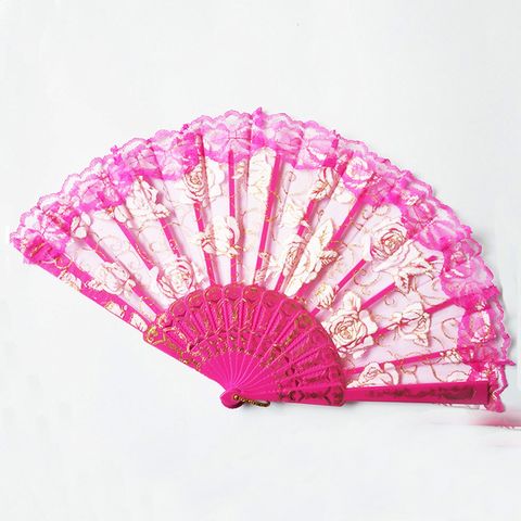 New Solid Color Plastic Women's Lace Rose Folding Fan