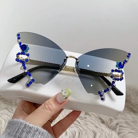 Elegant Solid Color Ac Butterfly Frame Diamond Frameless Women's Sunglasses