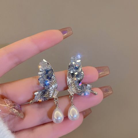 Fairy Style Elegant Butterfly Alloy Pearl Inlay Rhinestones Women's Drop Earrings