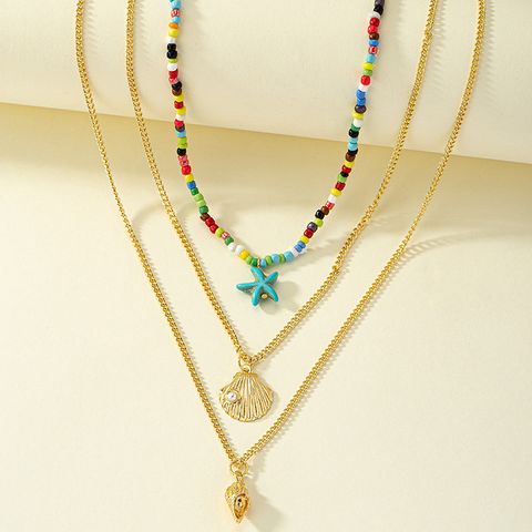 Hawaiian Beach Starfish Conch Shell Beaded Imitation Pearl Alloy Plating Women's Pendant Necklace