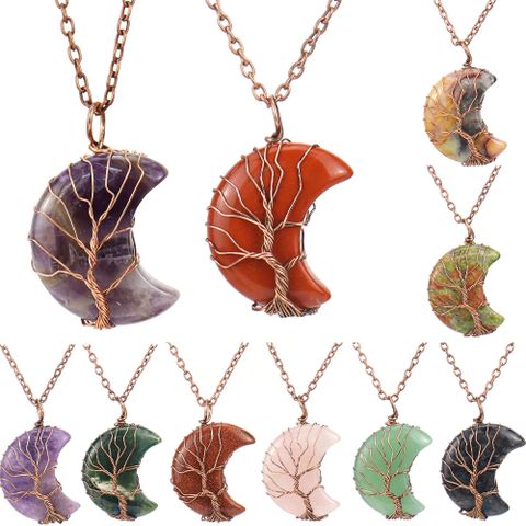 Simple Style Moon Tree Natural Stone Copper Pendant Necklace In Bulk