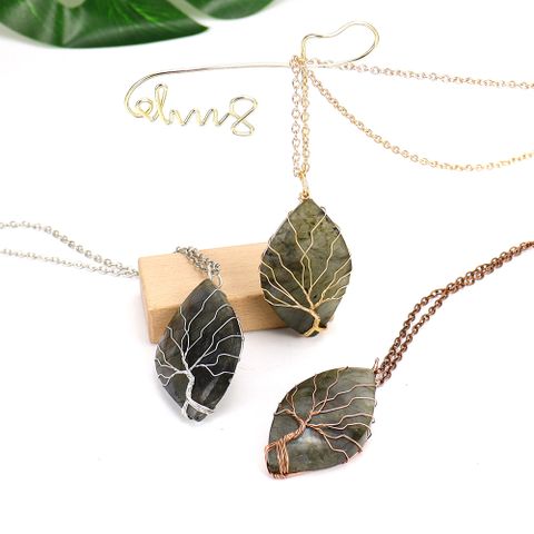 Simple Style Leaf Natural Stone Ferroalloy Knitting Pendant Necklace