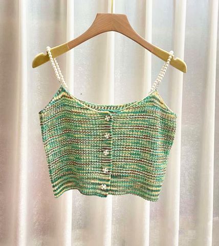 Women's Camisole Tank Tops Beaded Fake Buttons Elegant Colorful Stripe