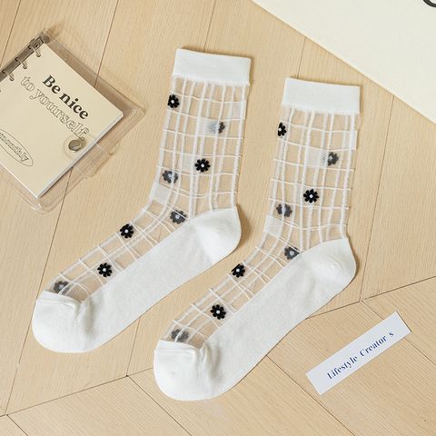 Women's Sweet Ditsy Floral Nylon Cotton Hollow Out Crew Socks A Pair