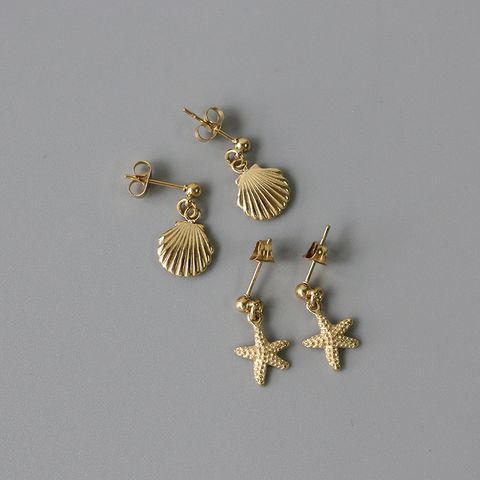 1 Pair Beach Simple Style Starfish Shell Plating Titanium Steel 14k Gold Plated Drop Earrings
