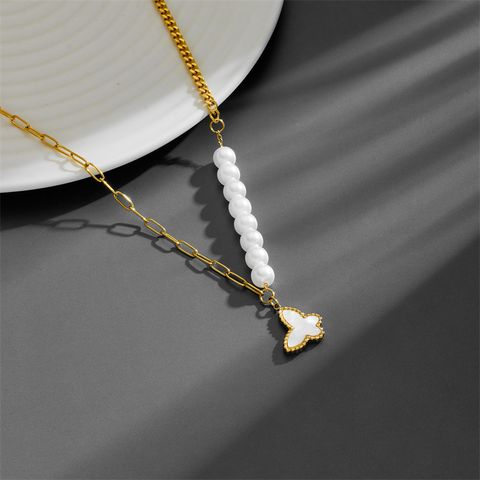 Artificial Pearl Titanium Steel 18K Gold Plated Sweet Inlay Heart Shape Butterfly Acrylic Pendant Necklace