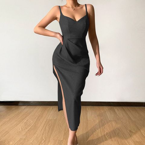 Women's Sheath Dress Strap Dress Slit Dress Basic Sexy Collarless Slit Ruched Sleeveless Solid Color Midi Dress Daily Party Date