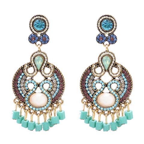 Ethnic Style Oval Beaded Alloy Turquoise Inlay Rhinestones Women's Earrings Necklace