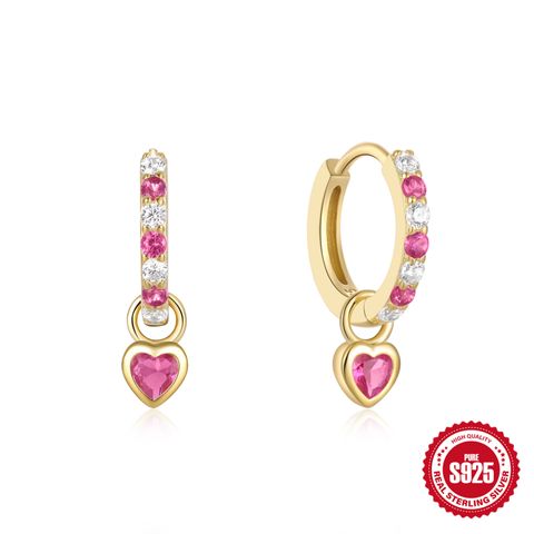 1 Pair Simple Style Heart Shape Plating Inlay Sterling Silver Artificial Gemstones Earrings