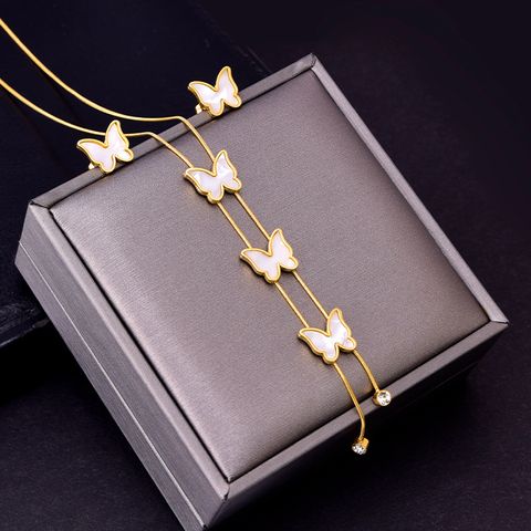 304 Stainless Steel 18K Gold Plated Lady Plating Inlay Heart Shape Flower Butterfly Shell Zircon Jewelry Set