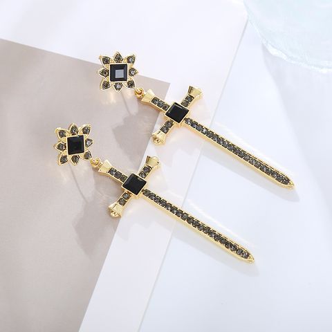 Vintage Style Artistic Cross Alloy Plating Inlay Rhinestones Gold Plated Women's Drop Earrings