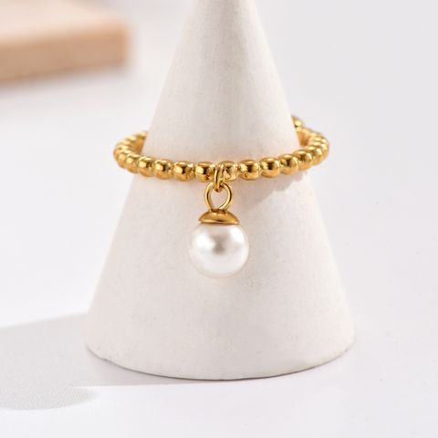 304 Stainless Steel 14K Gold Plated Elegant Simple Style Plating Inlay Round Artificial Pearls Charm Ring