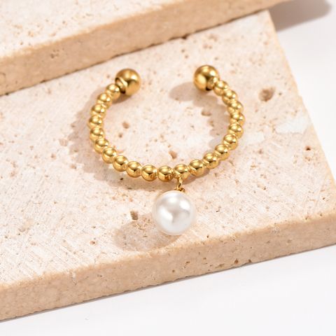 304 Stainless Steel 14K Gold Plated Elegant Simple Style Plating Inlay Round Artificial Pearls Charm Ring