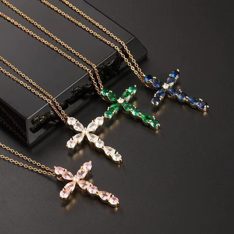 Stainless Steel 18K Gold Plated Simple Style Plating Inlay Cross Zircon