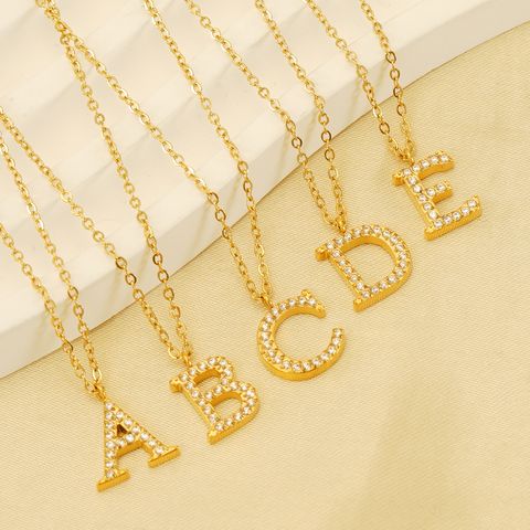 304 Stainless Steel 18K Gold Plated Casual Commute Plating Inlay Letter Rhinestones Pendant Necklace