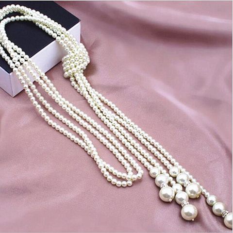 Simple Style Round Imitation Pearl Beaded Inlay Rhinestones Women's Long Necklace