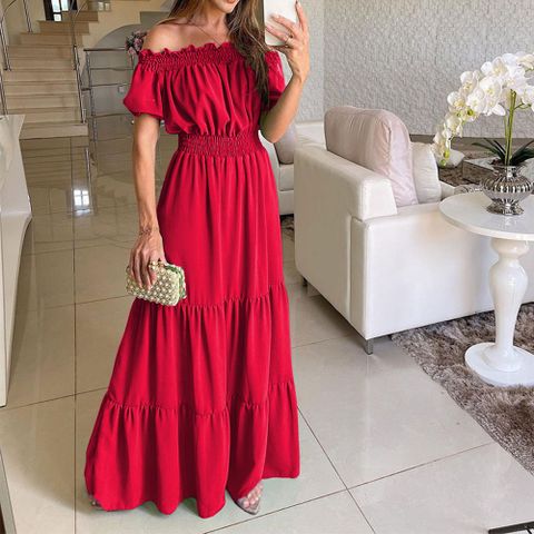 Women's Boho Dress Vacation Sexy Off Shoulder Pleated Short Sleeve Solid Color Maxi Long Dress Casual Holiday