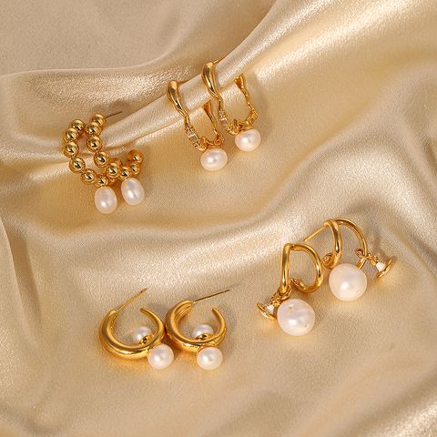 1 Pair Vintage Style Classic Style Geometric Inlay Copper Freshwater Pearl 18k Gold Plated Earrings