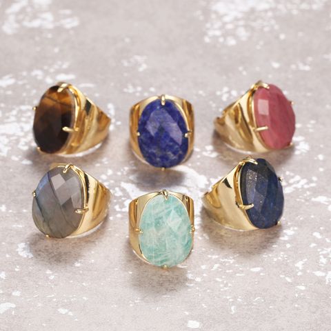 Elegant Oval Natural Stone Copper Inlay Artificial Gemstones Open Ring