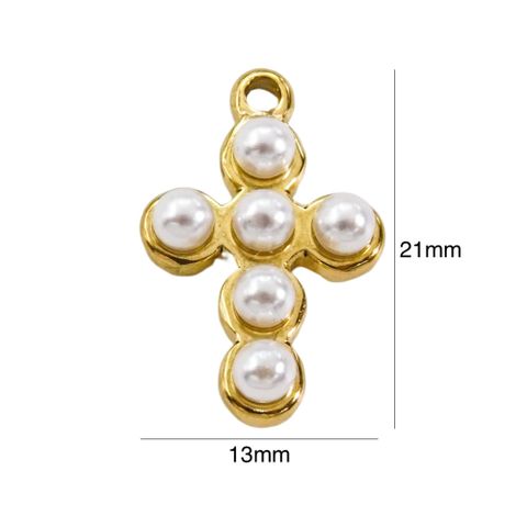 1 Piece 304 Stainless Steel Natural Stone Rhinestones Pearl 14K Gold Plated Cross Round Devil'S Eye