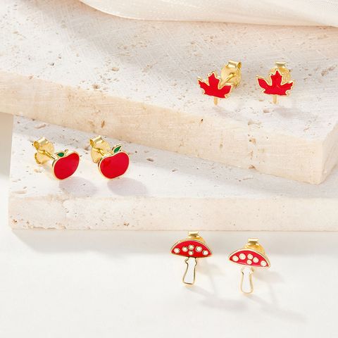 1 Pair Cute Sweet Maple Leaf Fruit Mushroom Enamel Plating Sterling Silver 18k Gold Plated Ear Studs