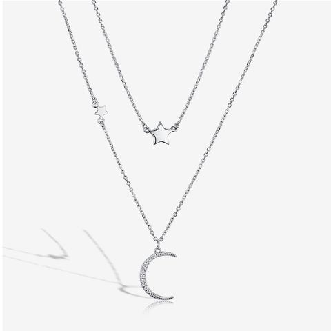 Elegant Luxurious Star Moon Sterling Silver Plating Inlay Rhinestones White Gold Plated Layered Necklaces