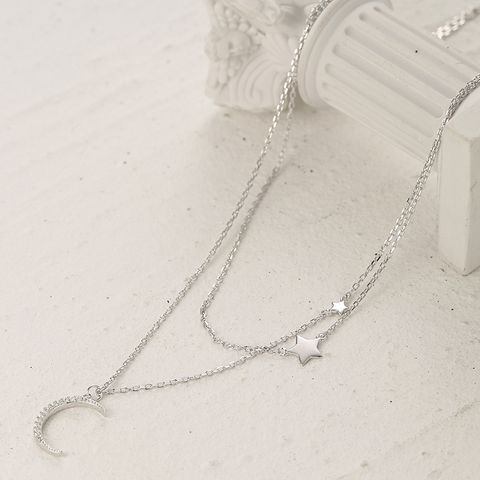 Elegant Luxurious Star Moon Sterling Silver Plating Inlay Rhinestones White Gold Plated Layered Necklaces