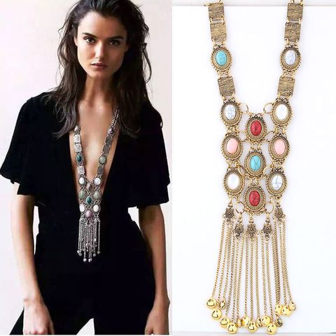 Retro Exaggerated Ethnic Style Oval Tassel Alloy Plating Inlay Turquoise Women's Long Necklace