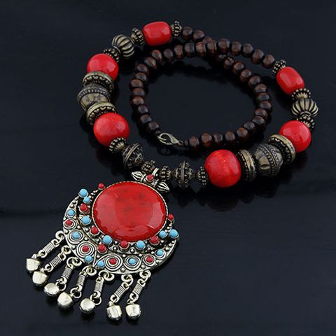 Retro Ethnic Style Round Tassel Alloy Beaded Inlay Resin Women's Sweater Chain Long Necklace