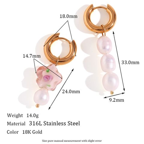 1 Pair Elegant Flower Plating Stainless Steel Freshwater Pearl 18k Gold Plated Drop Earrings