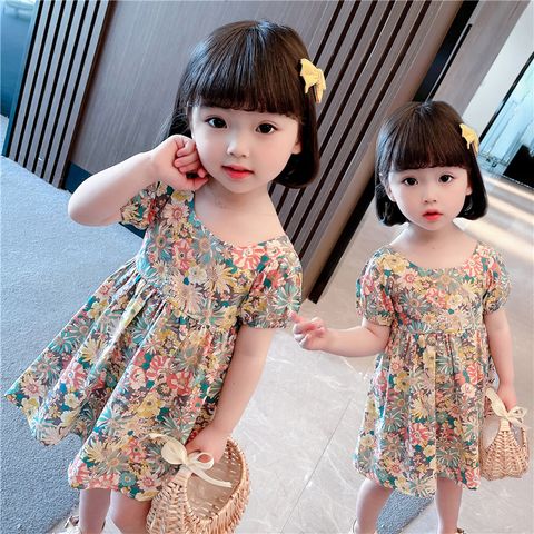 Casual Basic Pastoral Ditsy Floral Backless Cotton Girls Dresses