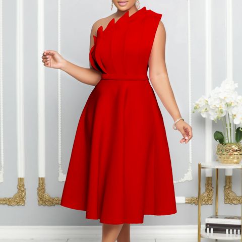 Women's A-line Skirt Elegant Classic Style Oblique Collar Sleeveless Solid Color Midi Dress Banquet Daily Formal