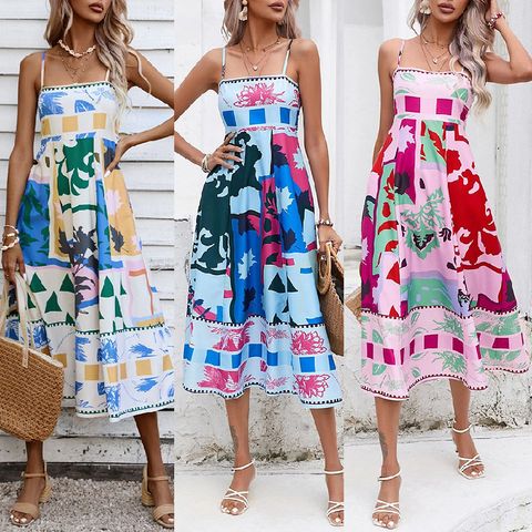 Women's Strap Dress Streetwear Strap Printing Sleeveless Color Block Midi Dress Daily