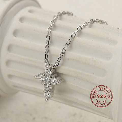 Elegant Cross Sterling Silver Inlay Zircon White Gold Plated Pendant Necklace
