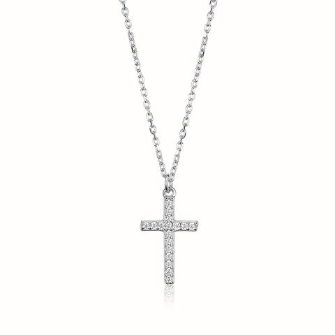 Simple Style Commute Cross Sterling Silver Inlay Zircon White Gold Plated Pendant Necklace