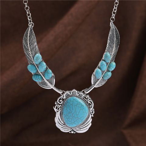 Lady Leaf Alloy Inlay Turquoise Women's Pendant Necklace