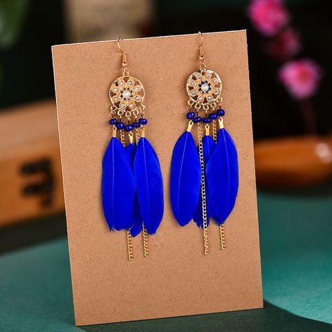 Ethnic Style Flower Feather Metal Hollow Out Inlay Artificial Pearls Rhinestones Women's Drop Earrings